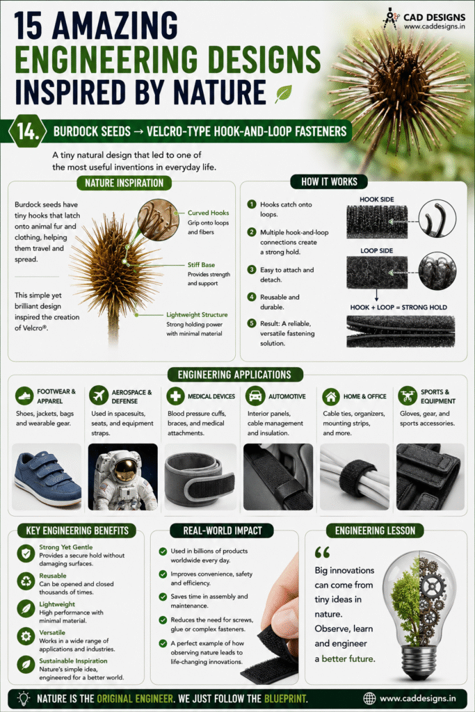 14. Burdock Seeds → Velcro-Type Hook-and-Loop Fasteners